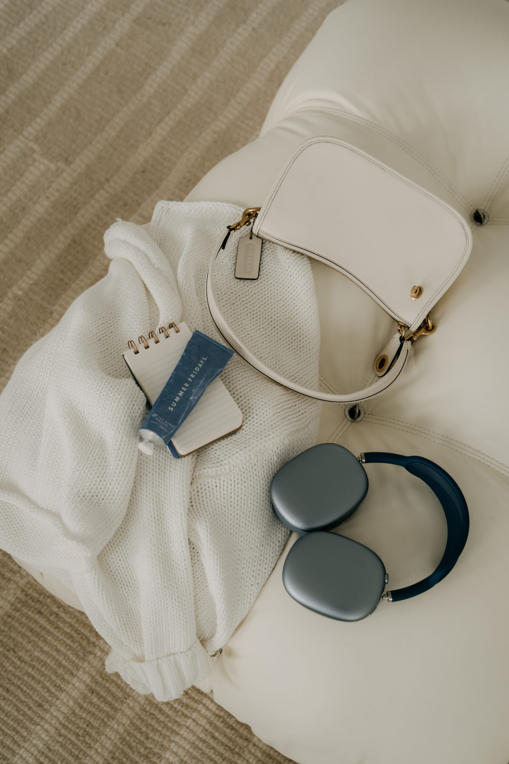 blue headphones on a couch